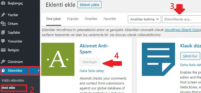 Wordpress eklenti ekleme